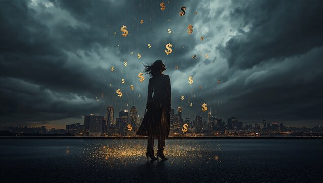 Woman in Silhouette Standing Under Rain of Dollar Signs