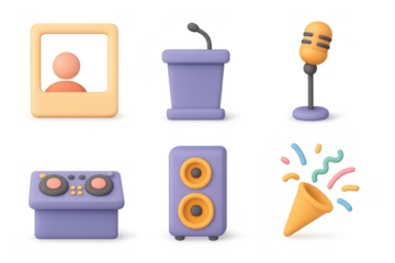Vibrant cartoon event icons with microphone, podium, and speaker for festive design