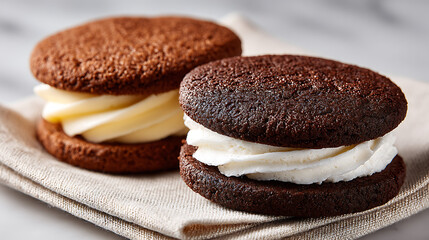 Two delicious chocolate whoopie pies with thick white cream filling sitting on a beige linen napkin ready for a sweet dessert treat.