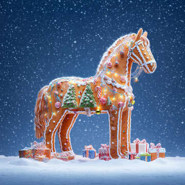 Horse sculpture made from gingerbread with christmas ornaments. Single cookie sculpture of stallion decorated with icing. Horse like symbol of 2026 Chinese New Year