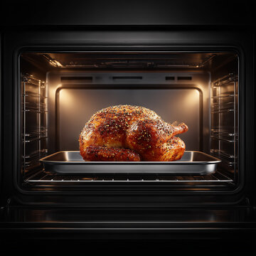 Close-up of juicy whole turkey in baking pan after broiling in oven cavity. Open modern oven with roasted Christmas turkey inside. Traditional holiday meal for Thanksgiving and Christmas