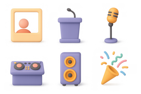 Vibrant cartoon event icons with microphone, podium, and speaker for festive design