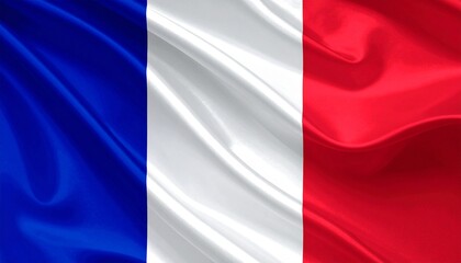 French flag with vertical blue, white, and red stripes on textured fabric background.