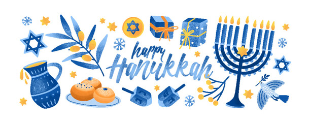 Happy Hanukkah symbols set for traditional Jewish holiday, festival. Menorah candle, dreidels and dove, festive Judaic Hanuka elements. Flat vector illustrations isolated on white background