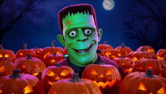 Friendly Frankenstein Surrounded by Jack-O'-Lanterns at Night