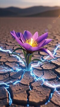 A vibrant purple flower defiantly blooms from the heart of a parched, deeply cracked desert landscape, symbolizing extraordinary resilience and the indomitable triumph of life. Striking blue electrica