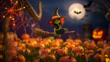 Enchanted witch flying on broomstick over pumpkin patch at night
