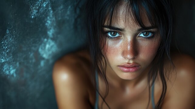 A beautiful woman with long, wet hair and striking blue eyes gazing upwards with a thoughtful expression. Evokes feelings of wonder and serenity. - Powered by Adobe