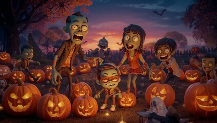 Spooky Animated Characters Celebrating Halloween Among Jack-o'-Lanterns