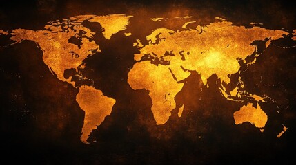 A sophisticated, stylized world map rendered in a rich golden tone, contrasted against a deep, dark background. This image evokes a sense of global exploration and mystery.