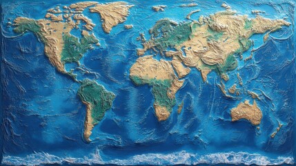 A detailed topographical world map illustrates continents in blue and green, with oceans rendered in deep blue and white foam. Ideal for geography, education, and travel-related content.