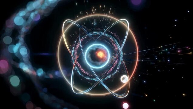 High resolution 4K close up of photons being emitted in all directions as an electron decays to a lower energy level creating a dynamic visual representation of atomic physics for scientific or