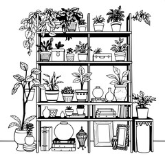 Detailed monochrome outline of various potted plants with intricate leaves and stems arranged on a multi-tiered shelving system made of dark wood, adorned with decorative boxes of different shapes and
