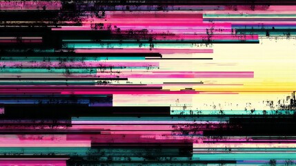 Vibrant horizontal bands of abstract digital distortion create a colorful static background effect