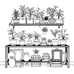 Detailed monochrome outline of various potted plants with intricate leaves and stems arranged on a multi-tiered shelving system made of dark wood, adorned with decorative boxes of different shapes and