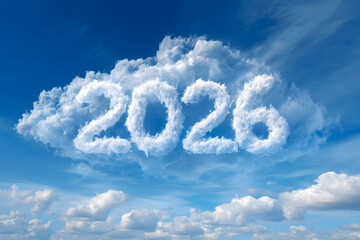 A cloud with the word '2026' written on it in the blue sky