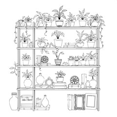 Detailed monochrome outline of various potted plants with intricate leaves and stems arranged on a multi-tiered shelving system made of dark wood, adorned with decorative boxes of different shapes and