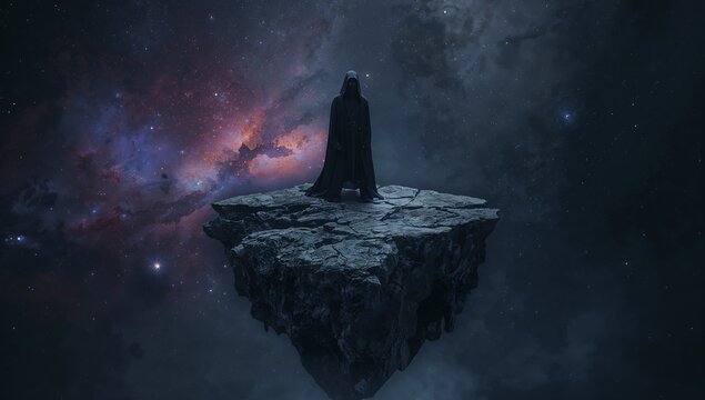 Mysterious Figure on Floating Island Surrounded by Cosmic Darkness