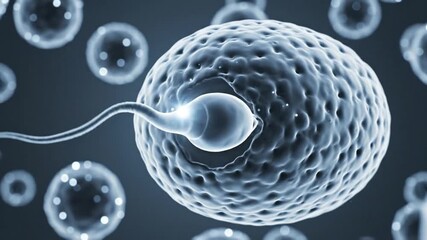 Microscopic view of a sperm fertilizing an egg with surrounding cells in a dark background.