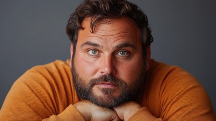 A thoughtful man with a beard and mustache is gazing upwards, with his hands resting on his knees, conveying a moment of contemplation or wonder.