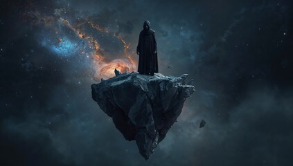 Mysterious figure on floating rock in cosmic galaxy background