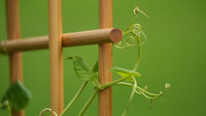 Young green vine growing upwards on a wooden garden trellis