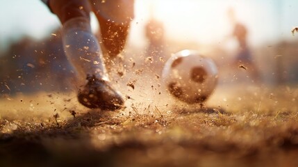 Soccer player kicking ball on dusty field during sunset game