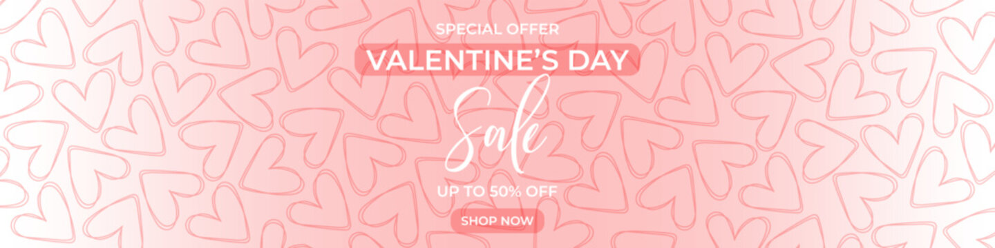 Heart outline banner with soft pink background and elegant Valentines Day sale typography. Great for web shops, promo ads, social media marketing and email campaigns