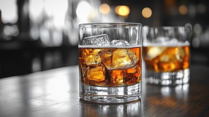 A chilled glass of whiskey with ice cubes sits on a dark bar counter, creating a sophisticated and inviting scene. Perfect for themes of luxury, relaxation, and indulgence.