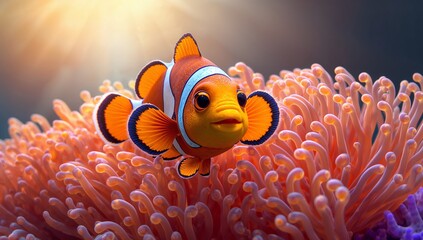 Vibrant Clown Fish Swimming Amidst Colorful Sea Anemone Corals