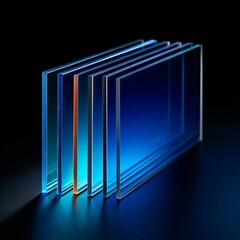 Obraz premium A Stunning Display of Transparent Glass Panels with Gradual Color Transitions from Transparent to Deep Blue Against a Dark Background