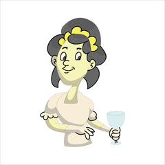 Cartoon bride wearing a wedding dress holding a wine glass, celebrating with a drink