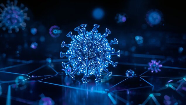 Blue Glowing Virus Model with Abstract Network Background Design