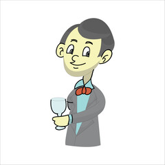 Cartoon groom wearing a suit holding a wine glass or champagne flute, making a toast. Wedding celebration concept