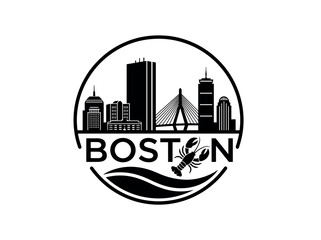 Boston city skyline emblem with landmarks and bold city text