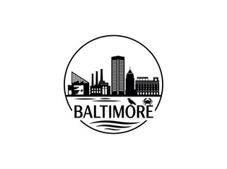 Baltimore city skyline emblem with landmarks and bold city text