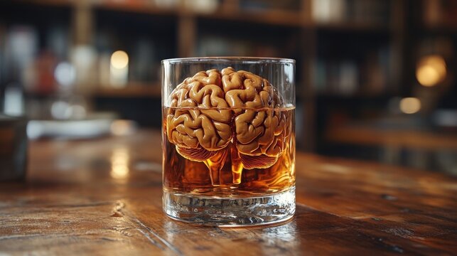 A surreal image depicting a glass of whiskey with a human brain visible inside, exploring themes of consciousness, identity, and the subconscious. A concept about how alcohol kills the brain.