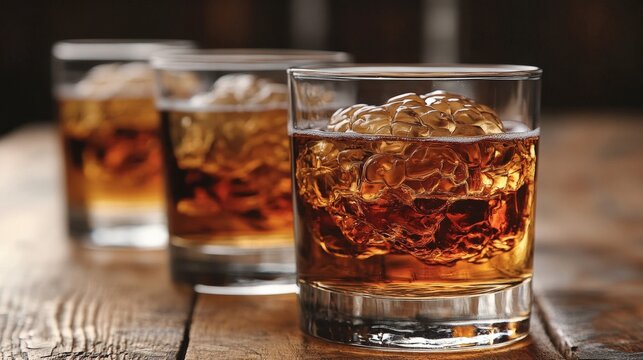 Close-up shot of three whiskey glasses filled with ice, highlighting the amber color and ice texture. - Powered by Adobe