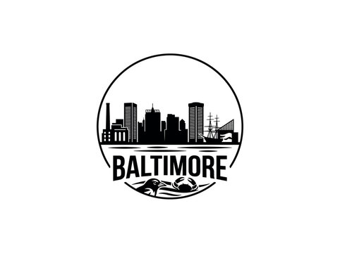 Baltimore city skyline emblem with landmarks and bold city text