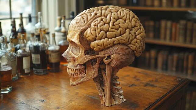 A meticulously crafted wooden model of a human brain is presented on a wooden surface, complemented by a diverse collection of bottles in the background, creating a complex and intriguing scene.