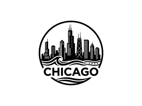 Chicago city skyline emblem with landmarks and bold city text