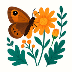 Minimalist and vibrant vector collection of different butterfly species sitting on spring and summer flowers. Flat design for digital projects, greeting cards, and nature-themed graphics.