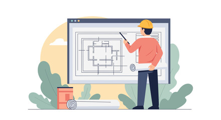 Architect pointing to blueprint on screen, planning construction project, engineering design with precision, architect overseeing building plan details with care
