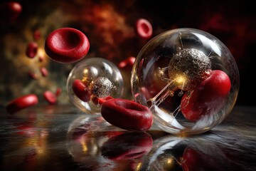 futuristic nanobots encapsulated in transparent spheres navigating through red blood cells, featuring intricate metallic structures and glowing energy in a dynamic microscopic environment