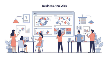Modern business analytics team collaborating on KPI dashboards, visualizing data insights for strategic growth and informed decision-making, scalable graphic