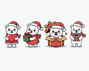 Obraz premium Four adorable polar bears dressed for christmas and holding gifts