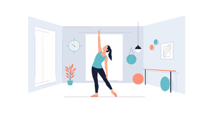 Elegant woman stretching in a bright modern exercise studio, a vector graphic suitable for fitness and wellness brands, promoting health and activity