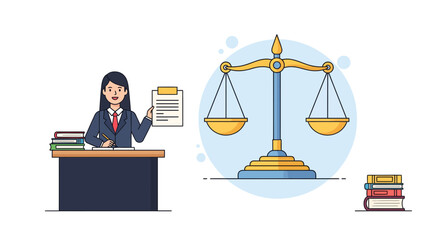 Professional female lawyer at her desk with legal documents and classic scales of justice, perfect for legal services marketing or law firm branding