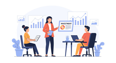 Dynamic team strategizing investments at modern office, boosting financial growth with data analysis, perfect for business presentations and marketing materials