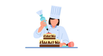 Skilled pastry chef decorating a delicious two-tiered cake with creamy frosting, perfect for bakery promotions, culinary schools, and cake decorating tutorials